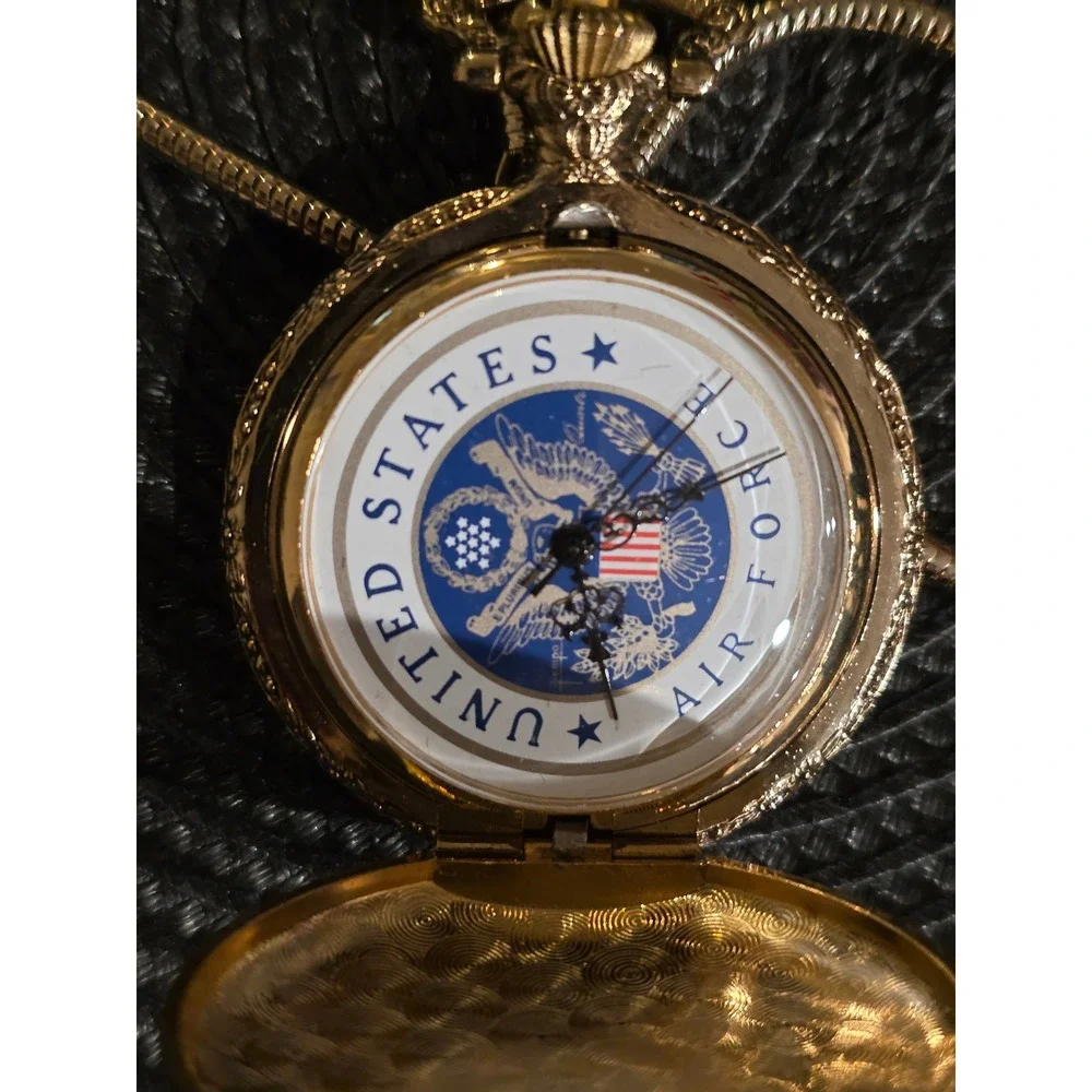 Mens United‎ States Air Force Pocket Watch Gold Tone Chain Keepsake